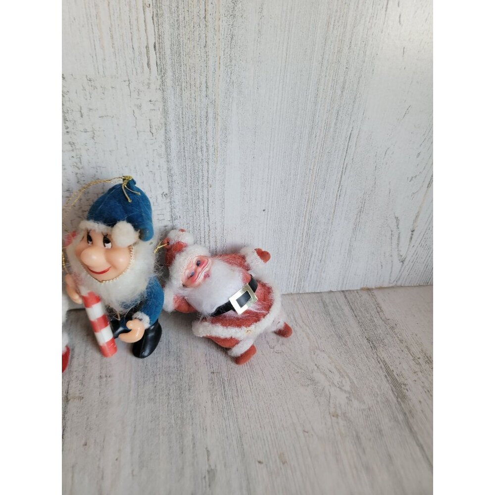 Vintage flocked Santa Claus elf ornament Xmas set unique - Picture 4 of 7